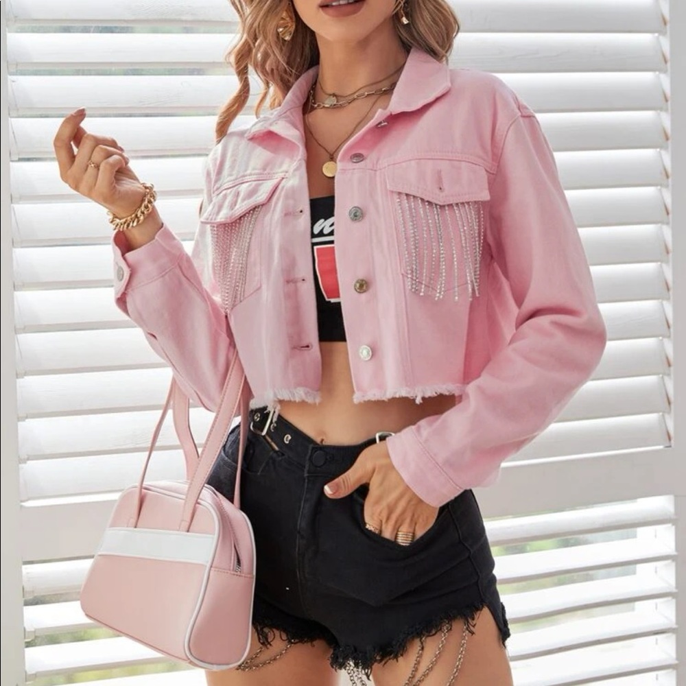 Crop denim with rhinestone fringe - Picture 2 of 7